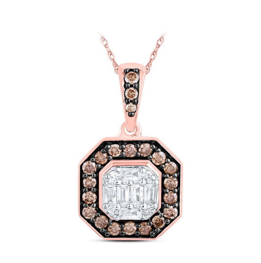 14K Rose Gold Womens Round Brown Diamond Octagon Pendant 3/8 Cttw