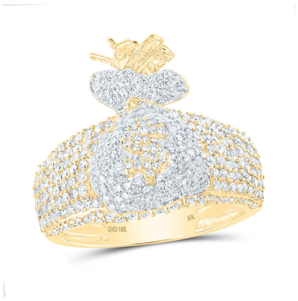 10K Yellow Gold Mens Round Diamond Money Bag Band Ring 1-7/8 Cttw, Mens Size: 7-13