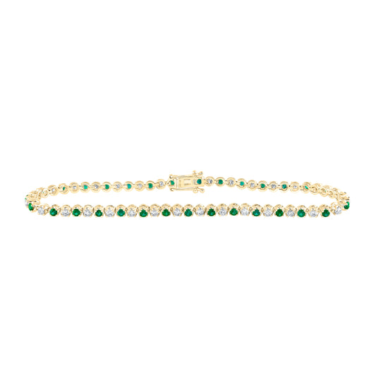 14K Yellow Gold Womens Round Emerald Diamond Tennis Bracelet 2 Cttw
