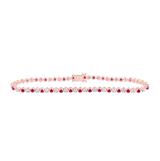 14K Rose Gold Womens Round Ruby Diamond Single Row Tennis Bracelet 2-1/4 Cttw