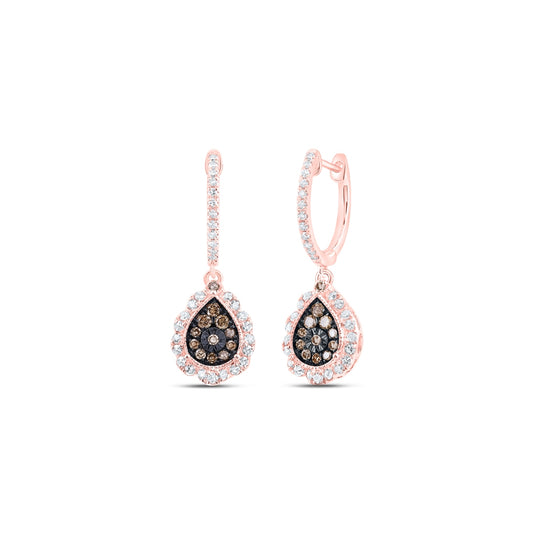10K Rose Gold Womens Round Brown Diamond Teardrop Dangle Earrings 1/2 Cttw