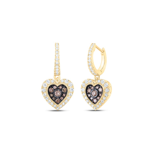 10K Yellow Or Rose Gold Womens Round Brown Diamond Heart Dangle Earrings