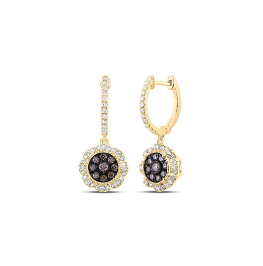10K Yellow Or Rose Gold Womens Round Brown Diamond Dangle Earrings