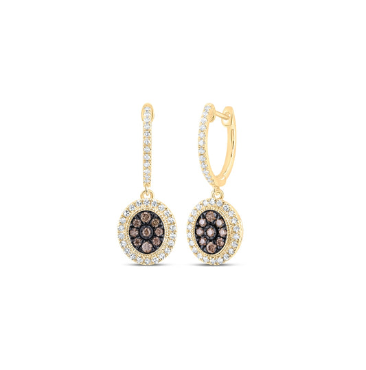 10K Yellow Or Rose Gold Womens Round Brown Diamond Oval Dangle Earrings