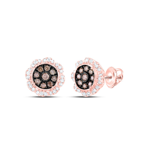 10K Rose Gold Womens Round Brown Diamond Cluster Earrings 5/8 Cttw