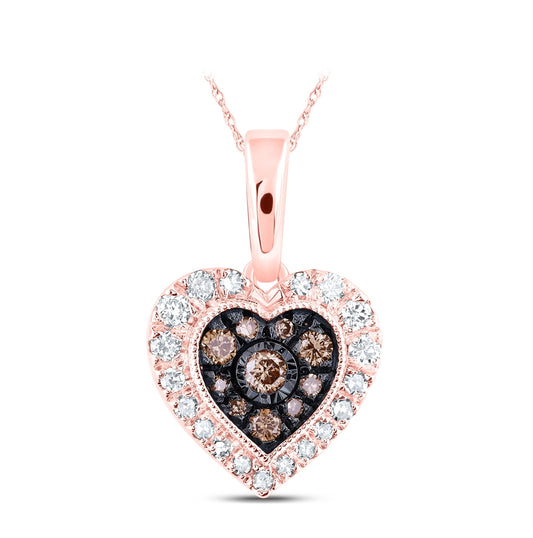 10K Rose Gold Womens Round Brown Diamond Heart Pendant 1/4 Cttw