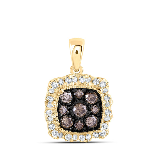 10K Yellow Or Rose Gold Womens Round Brown Diamond Square Pendant
