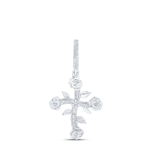 10kt White Gold 1/3ctw Diamond Nk Rose Cross Mens Charm