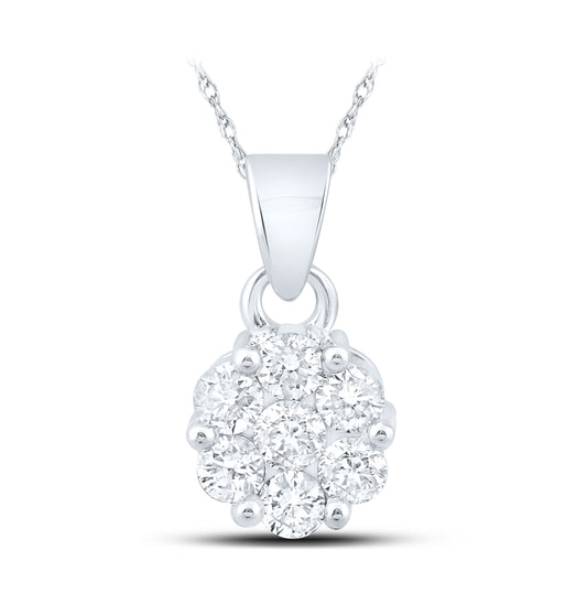 14K White Gold Womens Round Diamond Flower Cluster Pendant 1 Cttw