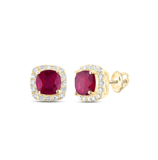 14kt Yellow Gold 1/6ctw Diamond Ana M 5 Mm Ruby Natural Gem Cushion Earring