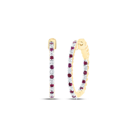 10kt Yellow Or White Or Rose Gold 1/2ctw Diamond Cn 1/2ct Ruby Natural Gem Hoop Earring