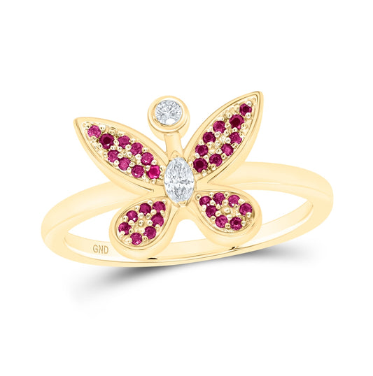 14kt Yellow Gold 1/12ctw Diamond Nk 1/8ct Ruby Butterfly Ring