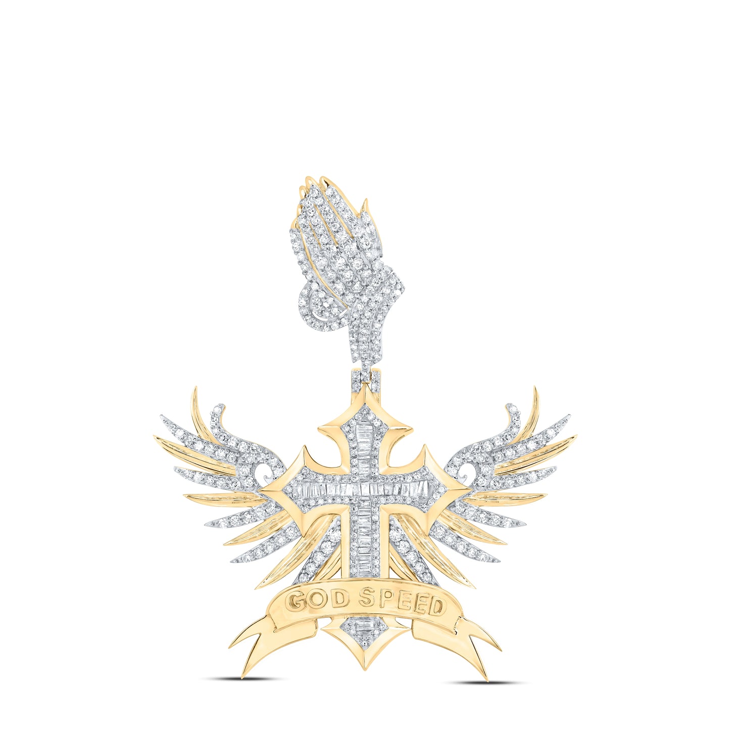 10kt Yellow Gold 1 7/8ctw Diamond Nk God Speed Winged Mens Cross Charm