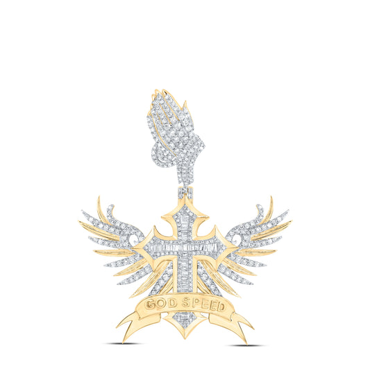 10kt Yellow Gold 1 7/8ctw Diamond Nk God Speed Winged Mens Cross Charm