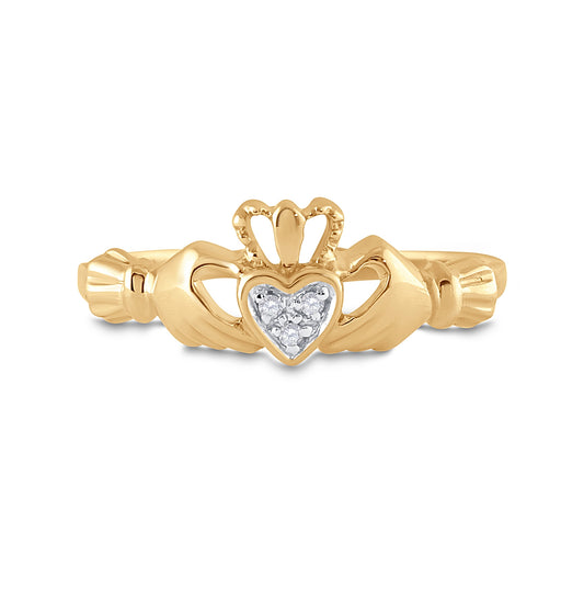 10K Yellow Or White Gold Womens Round Diamond Claddagh Heart Ring .02 Cttw, Womens Size: 5-10
