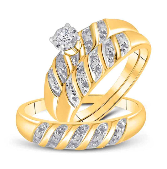 14kt Yellow Gold His Hers Round Diamond Solitaire Matching Bridal Wedding Ring Band Set 1/20 Cttw