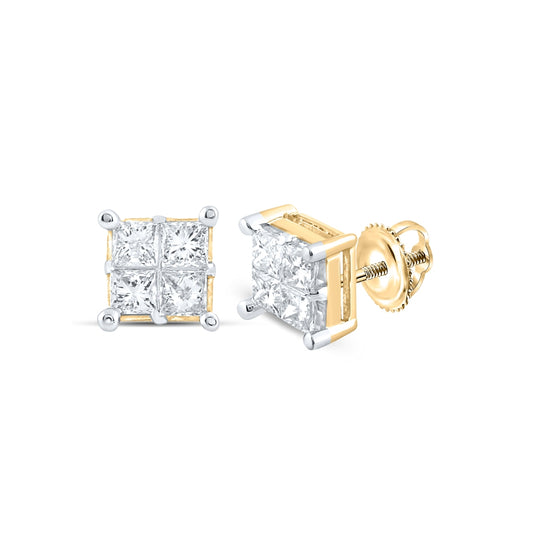 14K Yellow Gold Womens Princess Diamond Square Cluster Earrings 1 Cttw, Length: 0.28 In, Width: 0.28 In