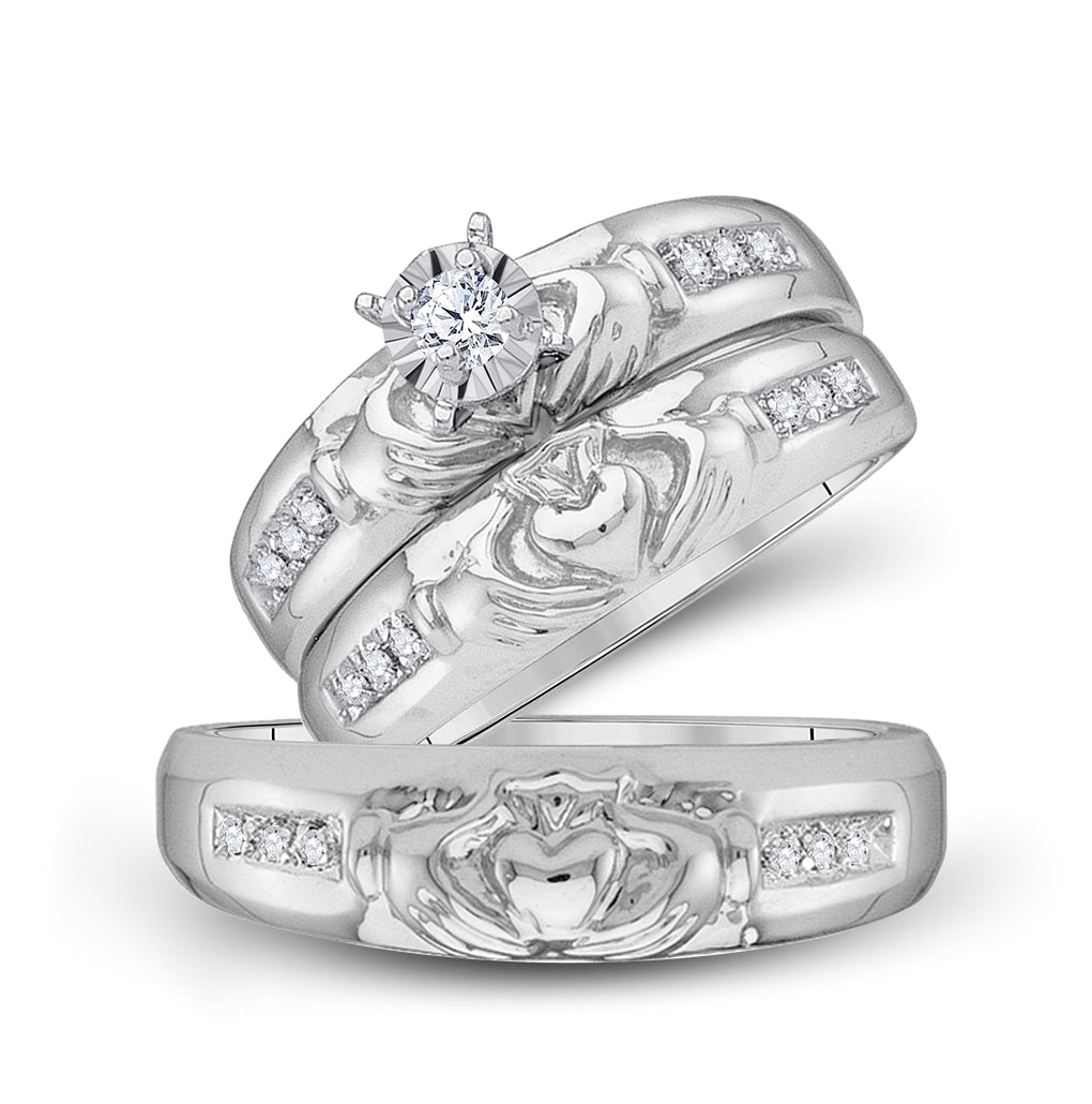 10K White Gold His Hers Round Diamond Claddagh Matching Wedding Set 1/8 Cttw, Womens Size: 5-10, Mens Size: 7-13