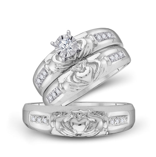 10K White Gold His Hers Round Diamond Claddagh Matching Wedding Set 1/8 Cttw, Womens Size: 5-10, Mens Size: 7-13