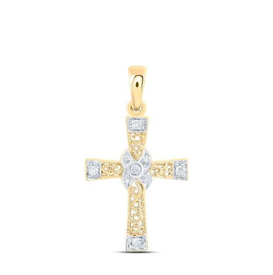 10K Yellow Gold Womens Round Diamond Bounded Cross Pendant 1/20 Cttw
