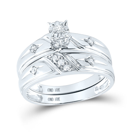 10kt White Gold His & Hers Round Diamond Solitaire Cross Matching Bridal Wedding Ring Band Set 1/6 Cttw