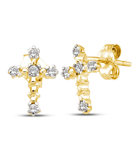 14K Yellow Gold Womens Round Diamond Cross Earrings 1/20 Cttw