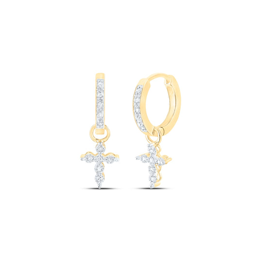 10K White Or Yellow Gold Womens Round Diamond Cross Hoop Dangle Earrings