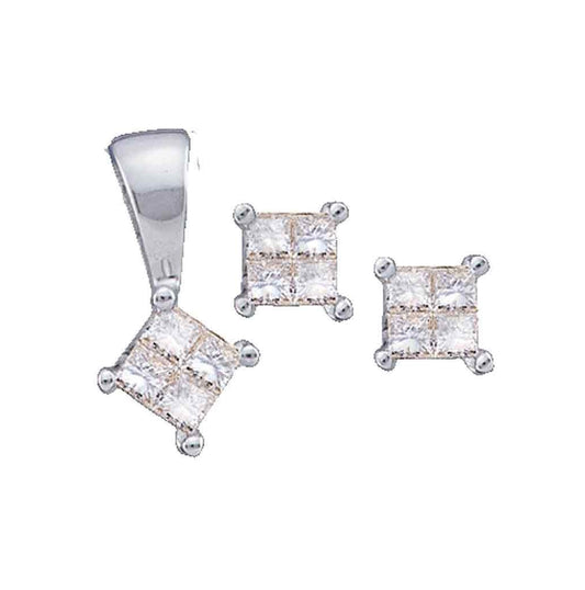 14kt White Gold Womens Princess Diamond Pendant And Princess Earrings 1/4 Cttw