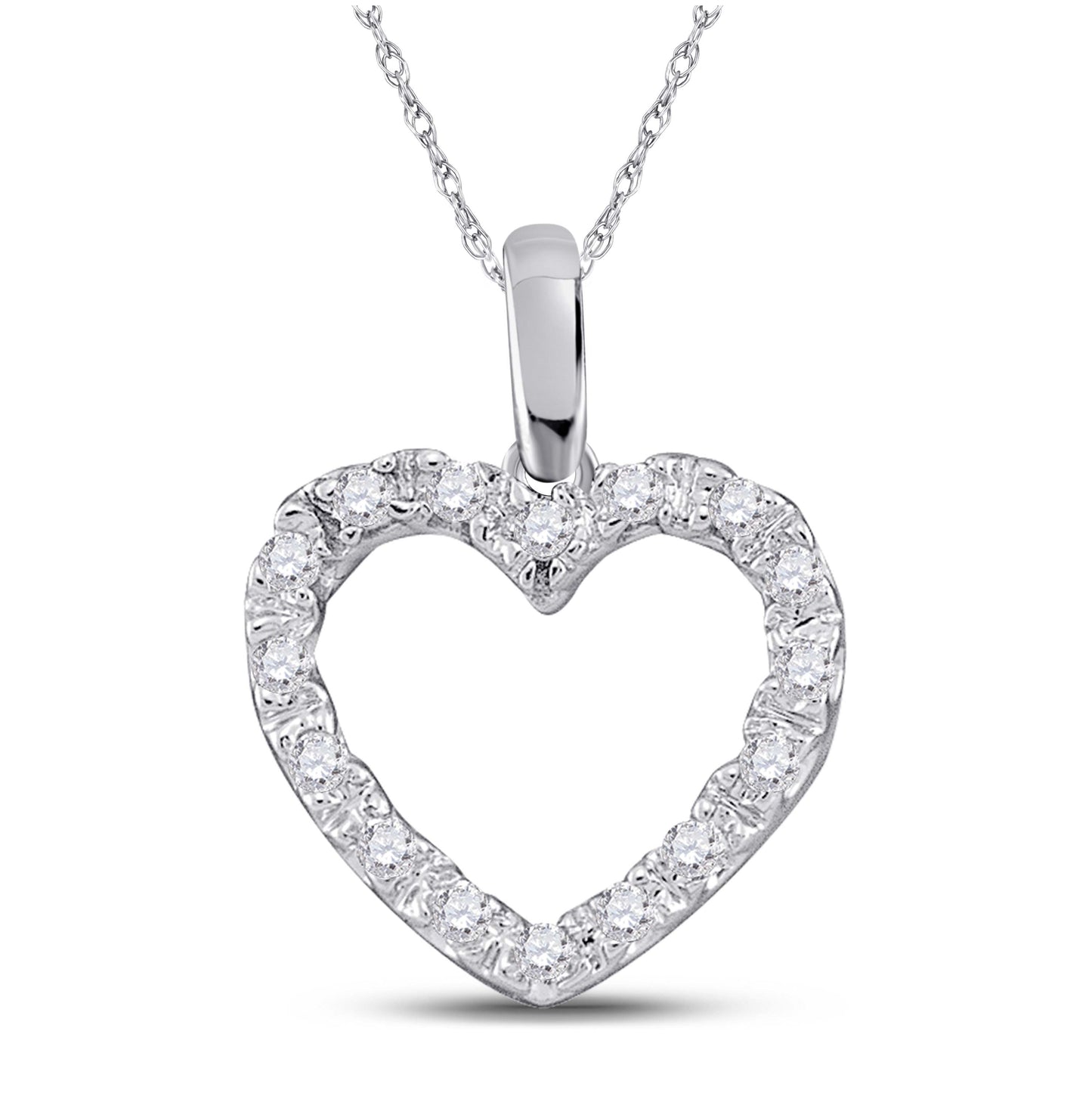 14K White Gold Womens Round Diamond Heart Pendant 1/10 Cttw