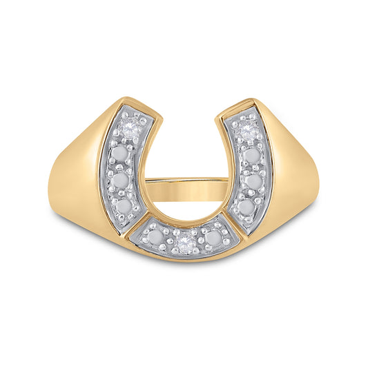 10K Yellow Gold Mens Round Diamond Lucky Horseshoe Ring 1/20 Cttw, Mens Size: 7-13