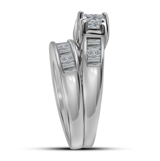 14kt White Gold Womens Princess Diamond 3-stone Bridal Wedding Engagement Ring Band Set 2.00 Cttw