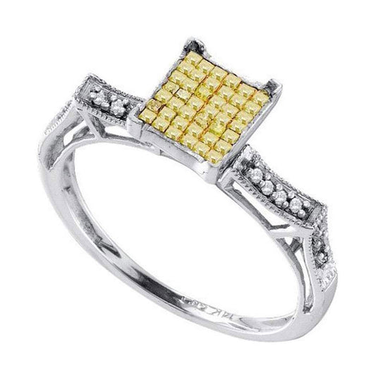 14kt White Gold Womens Princess Yellow Color Enhanced Diamond Fashion Ring 1/3 Cttw