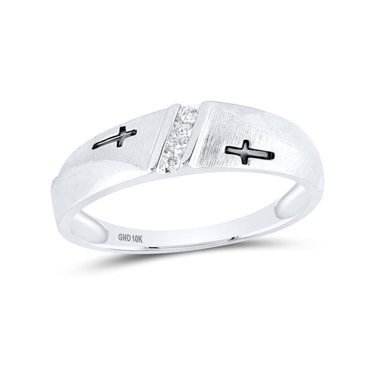 10K Yellow Or White Gold Mens Round Diamond Single Row Cross Wedding Band 1/20 Cttw, Mens Size: 7-13