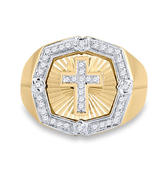 10K Yellow Gold Mens Round Diamond Cross Ring 1/4 Cttw, Mens Size: 7-13
