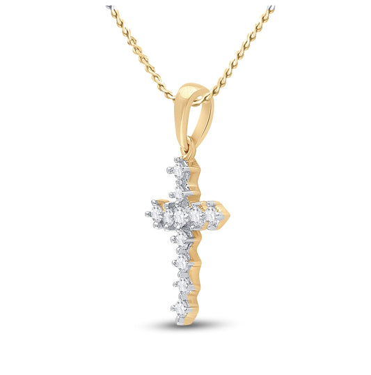 14K Yellow Gold Womens Round Diamond Cross Pendant 1/10 Cttw