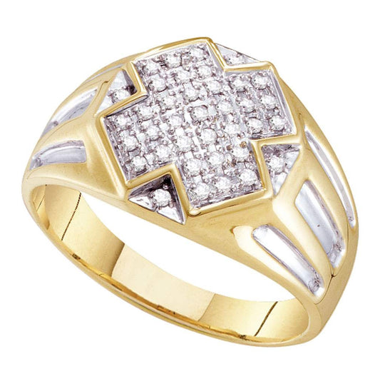 10K Yellow Two-tone Gold Mens Round Diamond Cross Cluster Ring 1/4 Cttw, Mens Size: 7-13
