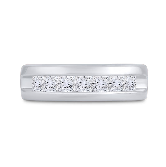 14K White Gold Mens Princess Diamond Wedding Single Row Band Ring 1-1/2 Cttw, Mens Size: 7-13