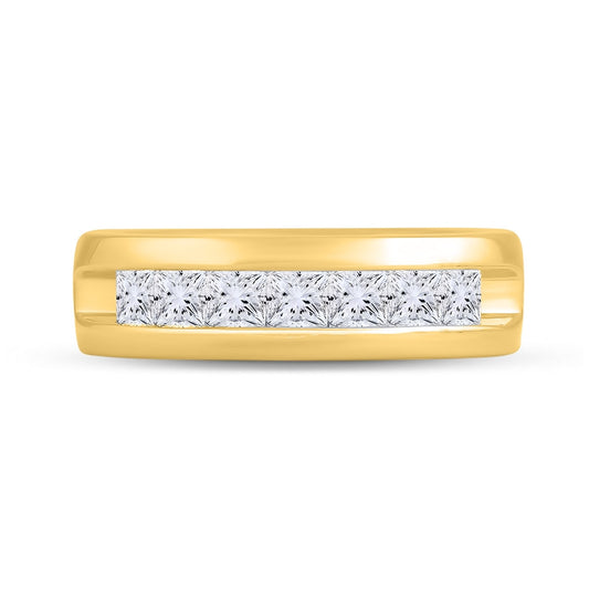 14K Yellow Gold Mens Princess Diamond Wedding Single Row Band Ring 1-1/2 Cttw, Mens Size: 7-13