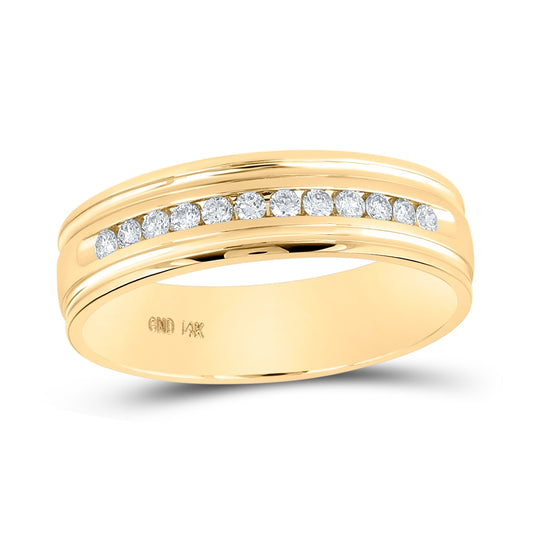 14K Yellow Gold Mens Round Channel-set Diamond Ridged Edge Wedding Band 1/4 Cttw, Mens Size: 7-13