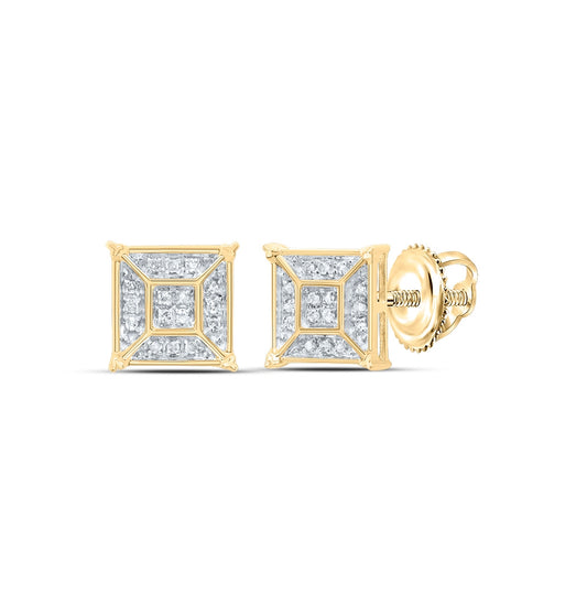 10K Yellow Gold Womens Round Diamond Square Geomteric Cluster Earrings 1/10 Cttw
