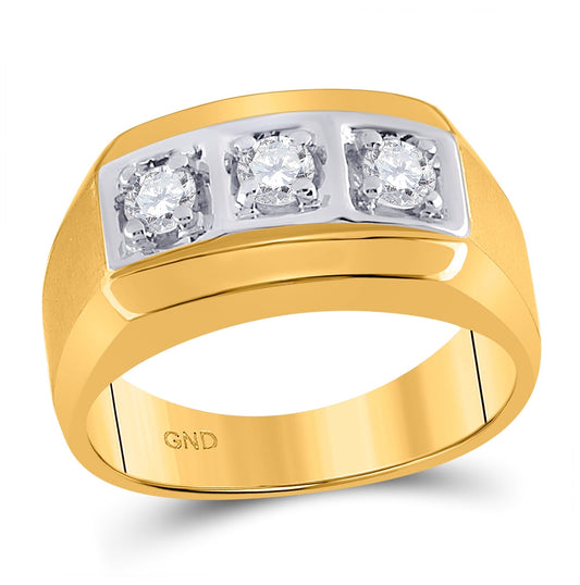 14K Yellow Gold Mens Round Diamond 3-stone Fashion Band Ring 1/2 Cttw, Mens Size: 7-13