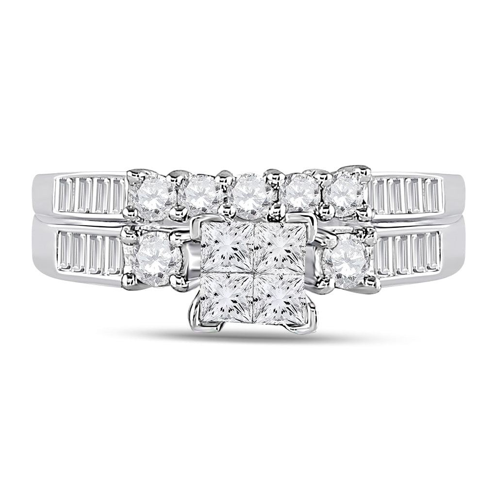 10K White Gold Womens Princess Diamond Bridal Wedding Ring Band Set 1.00 Cttw, Womens Size: 5-10