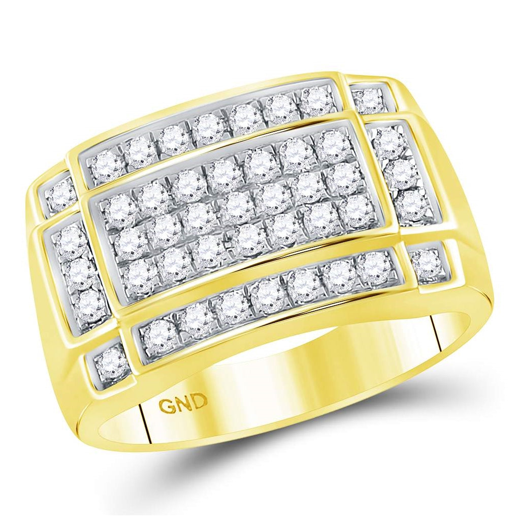 10K Yellow Gold Mens Round Diamond Rectangle Cluster Ring 1 Cttw, Mens Size: 7-13