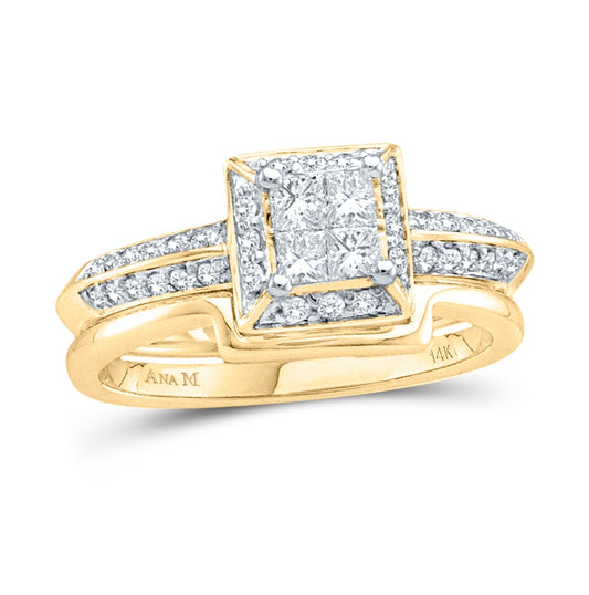 14K Yellow Gold Princess Diamond Bridal Wedding Ring Band Set 1/2ctw, Womens Size: 5-10