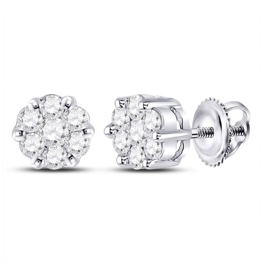 10K White Gold Womens Round Diamond Flower Cluster Earrings 1/4 Cttw, Length: 0.2 In, Width: 0.2 In