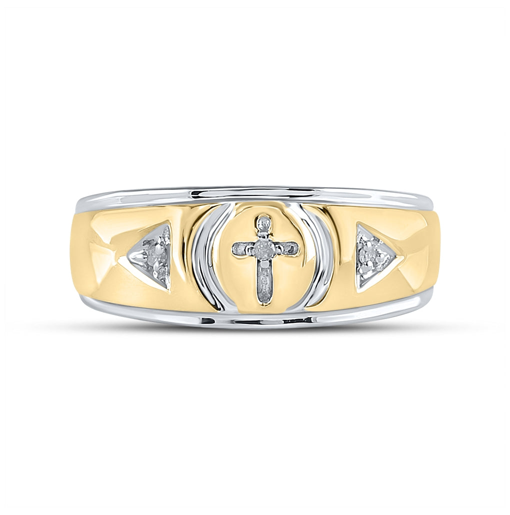 Yellow-tone Sterling Silver Mens Round Diamond Cross Wedding Band Ring 1/20 Cttw, Mens Size: 7-13
