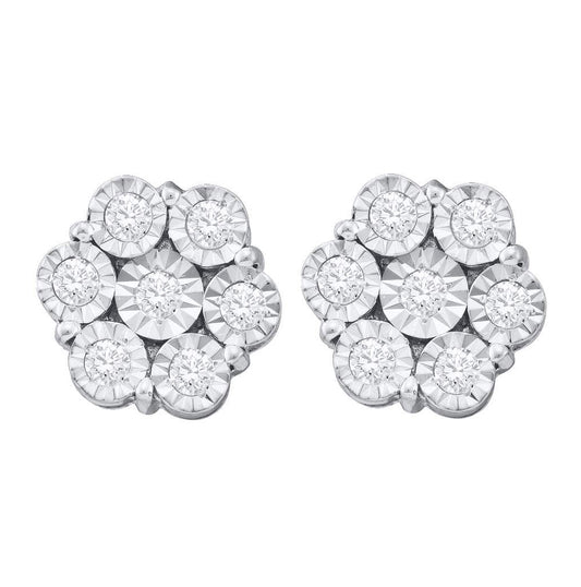 10kt White Gold Womens Round Illusion-set Diamond Flower Cluster Earrings 1.00 Cttw