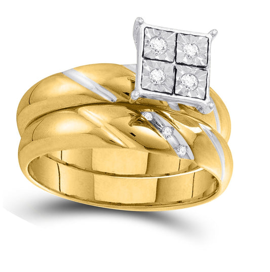 10kt Yellow Gold His Hers Round Diamond Cluster Matching Bridal Wedding Ring Band Set 1/8 Cttw