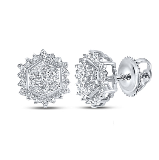 Sterling Silver Womens Round Diamond Hexagon Cluster Earrings 1/10ctw