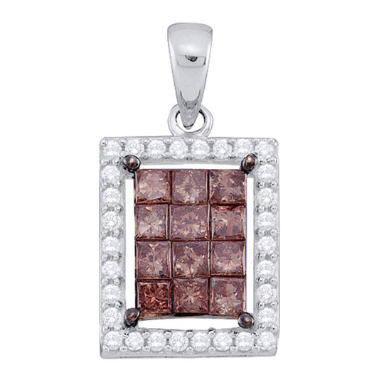 14kt White Gold Womens Princess Brown Diamond Emerald Cluster Pendant 1.00 Cttw